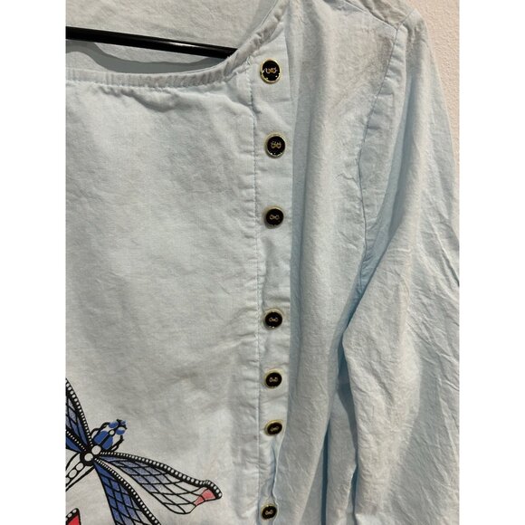 Asymmetrical Hem Dragonfly Embroidery Button-Front Top Sz L Boho Artisan - Picture 4 of 9